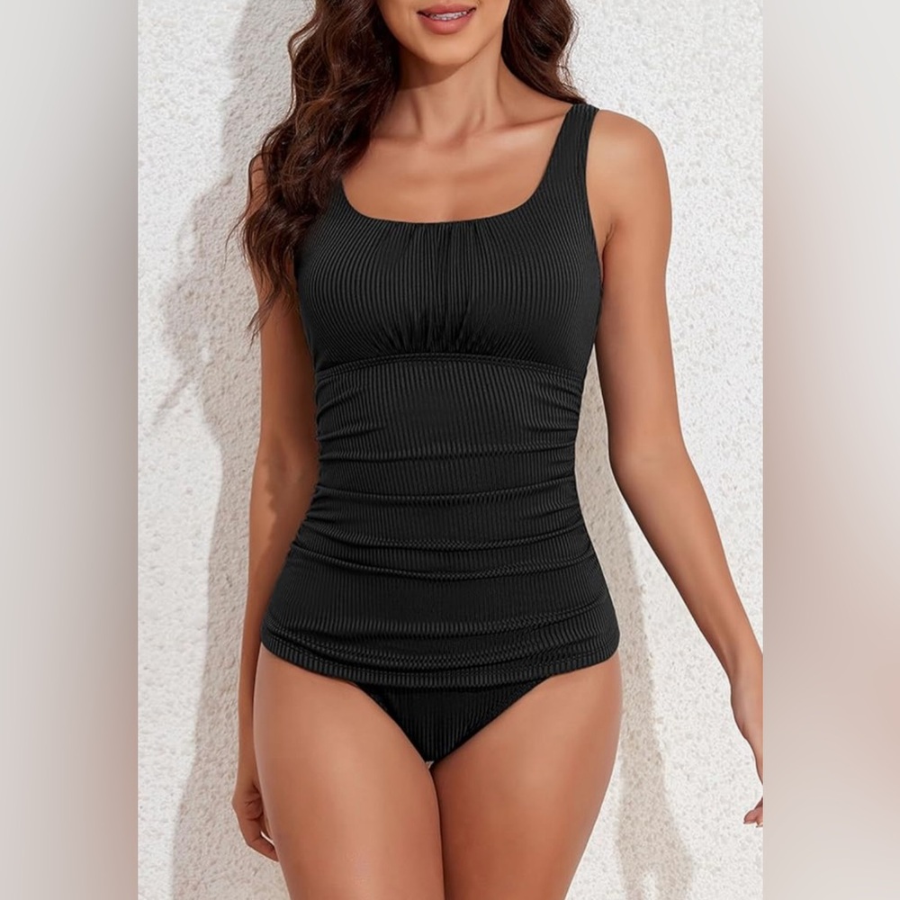 Aleumdr Women's Ribbed Ruched Two Piece Tankini Bathing Suits Tummy Control L